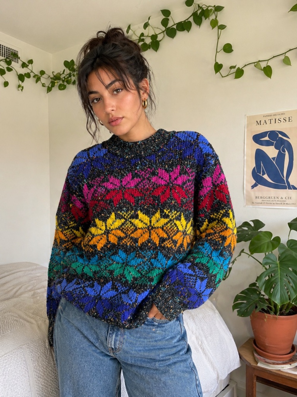 Vintage Career Club Rainbow Fair Isle Chunky Knit Sweater Sz S